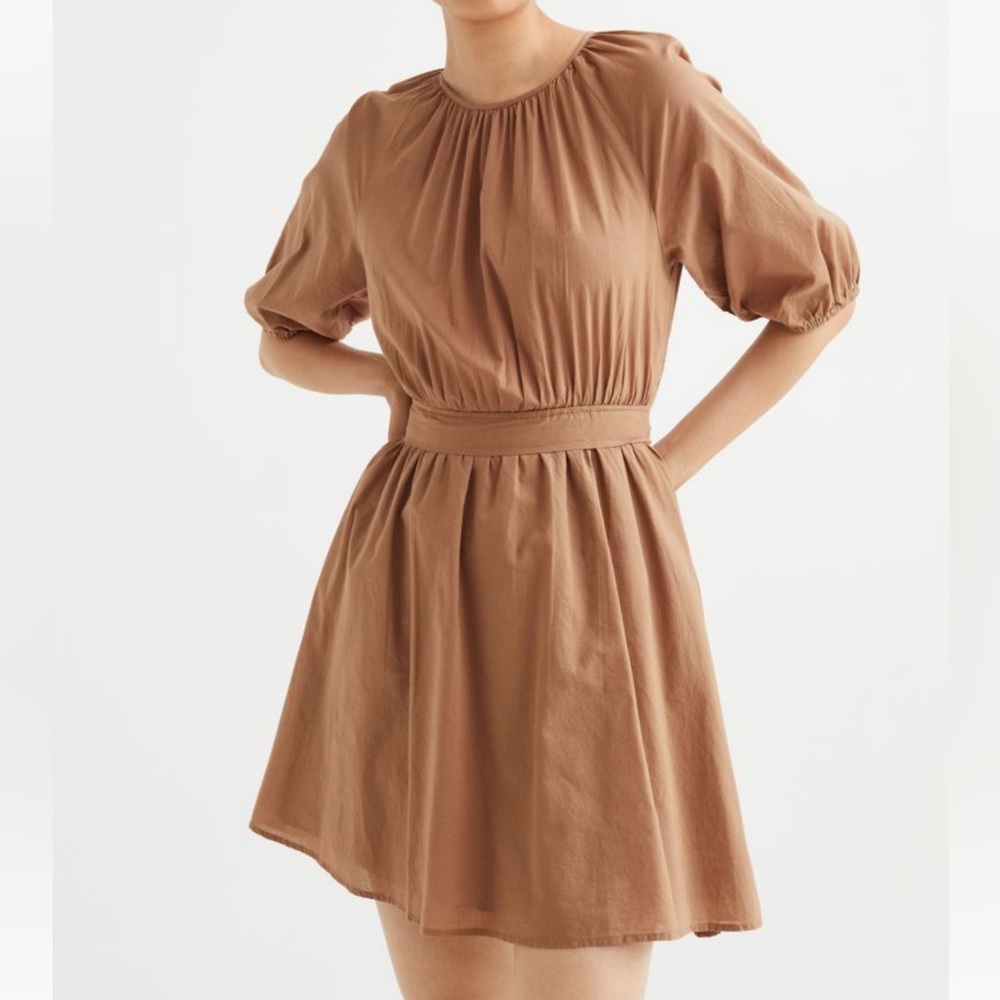 Tan puff sleeve dress with back tie
